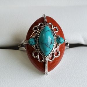 Sterling Silver 925 Unique Turquoise and Coral Ring